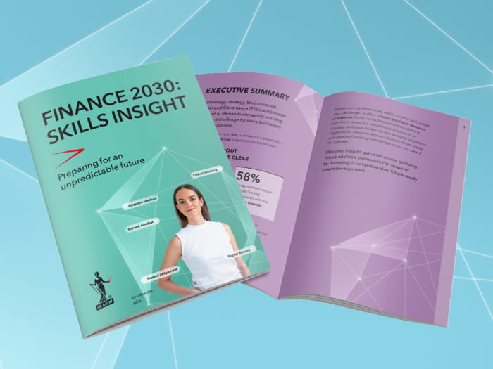 Open booklet titled “Finance 2030: Skills Insight” with a person pictured on the cover and highlighted statistic on the inside page.