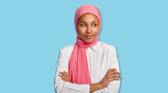 Young woman in pink headscarf