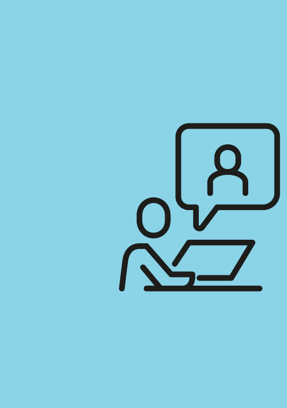 Graphic - A person sitting at a desk using a laptop for e-learning or a video call.