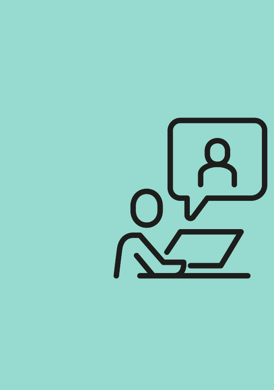 Graphic - A person sitting at a desk using a laptop for e-learning or a video call.