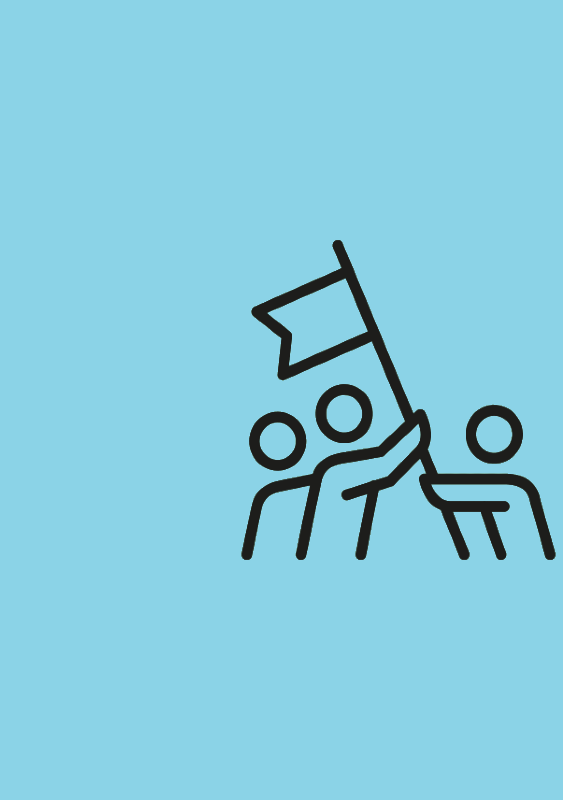 Graphic - Minimalist line art icon on a light blue background depicting three stylized figures working together to hold up a flag, symbolizing teamwork, leadership, or success.