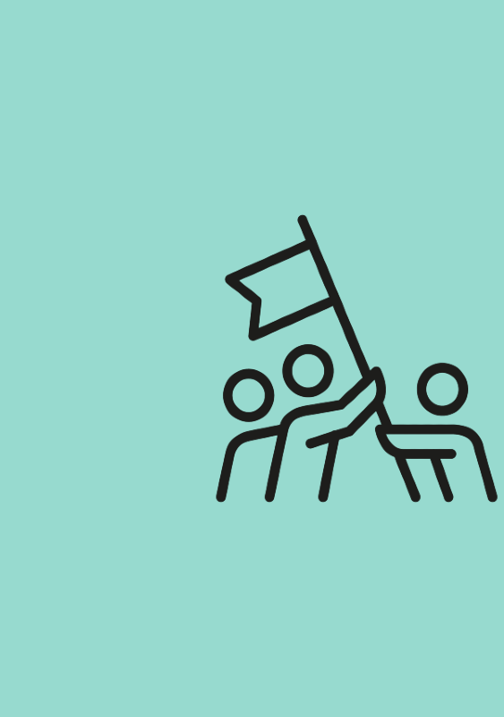 Graphic - Minimalist line art icon on a light blue-green background depicting three stylized figures working together to hold up a flag, symbolizing teamwork, leadership, or success.