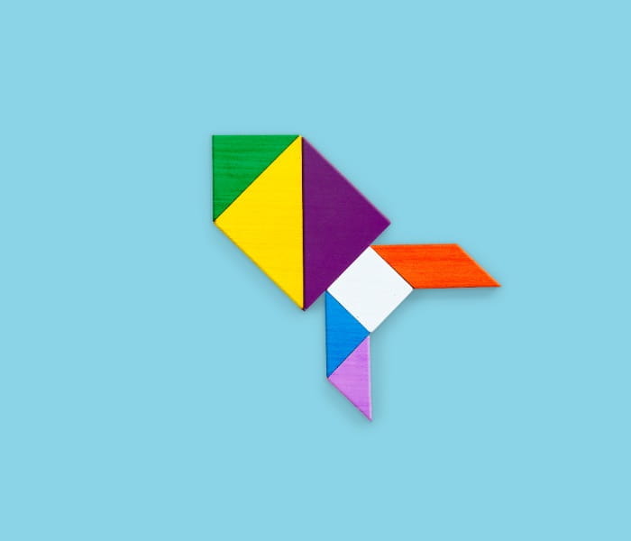 Stylised representation of a space rocket, made of coloured blocks