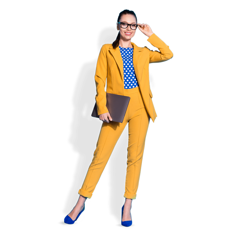 Woman in yellow suit holding a folder