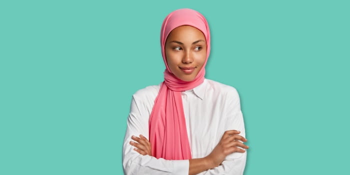 Young woman with pink headscarf