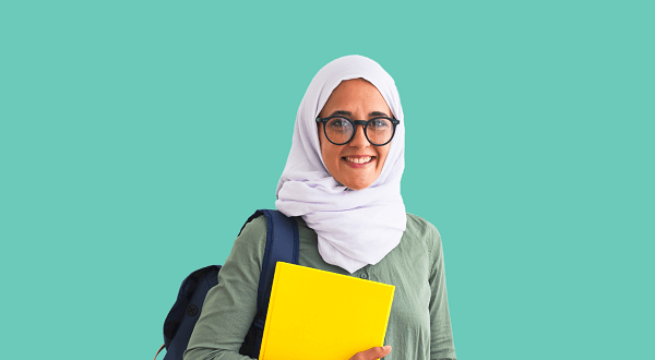 Woman in headscarf with yellow folder