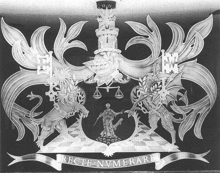 Glass engraving of the 1981 ICAEW coat of arms, created by David Kindersley for the entrance to the Great Hall at Chartered Accountants' Hall