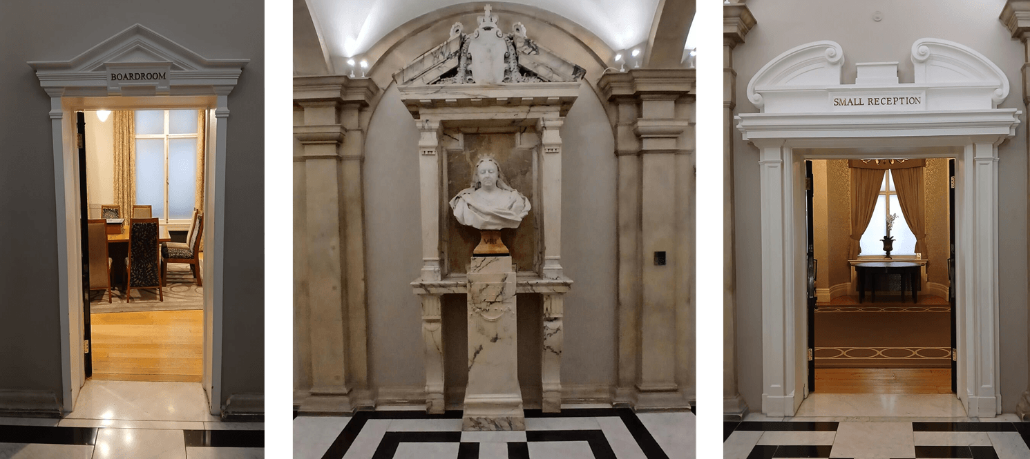 3 pictures. Two of doorways flank a bust of queen victoria