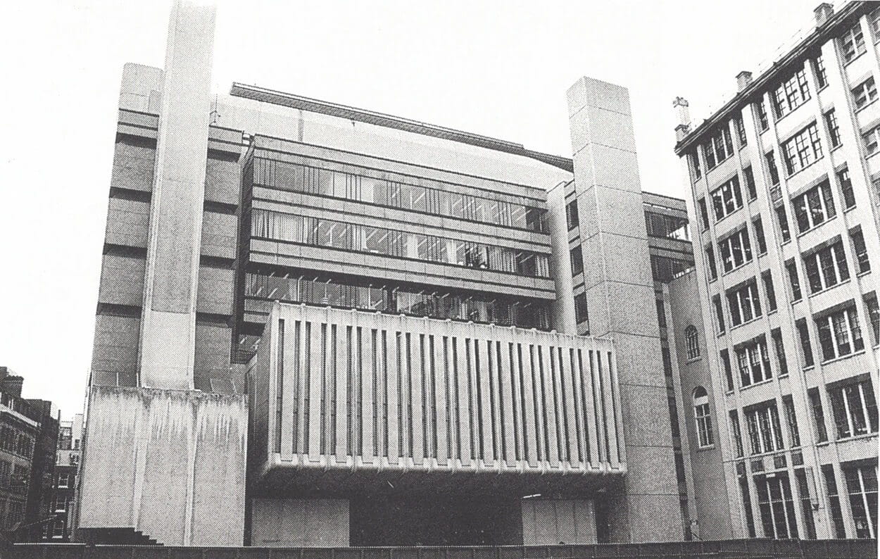A photograph of a modernist building