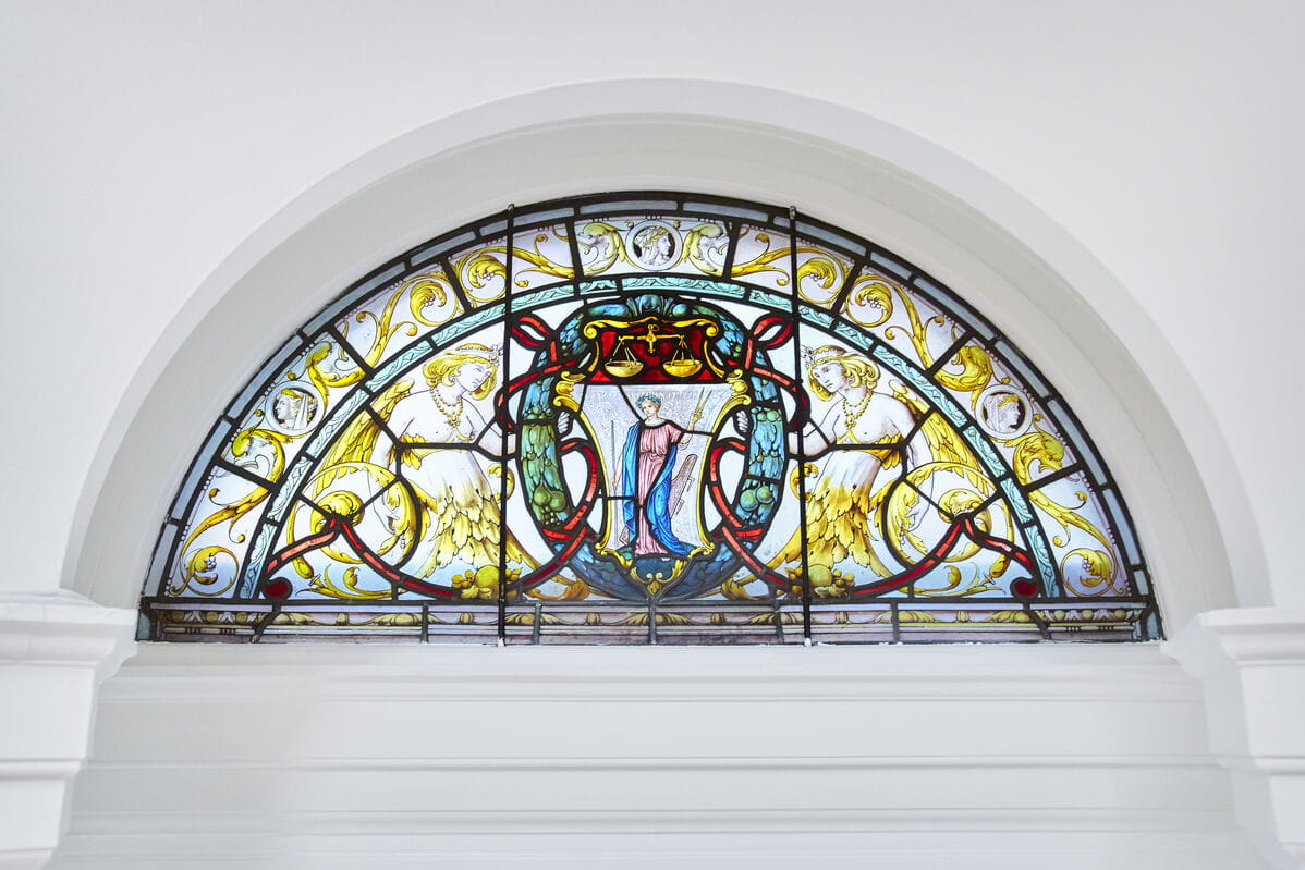 Photograph of a stained glass window in the Main Reception Room at Chartered Accountants' Hall.