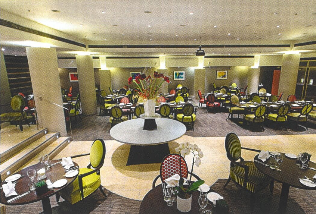 A wide shot of an empty restaurant