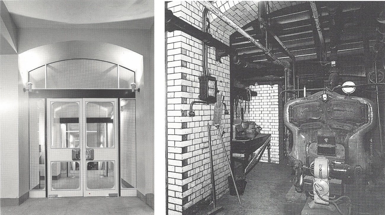 2 black and white pictures of the same location, one with a boiler in situ (right) and  a later one with some doors that have replaced it (left)