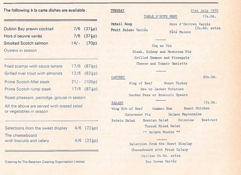 a sample restaurant menu with priced in both old money and decimal