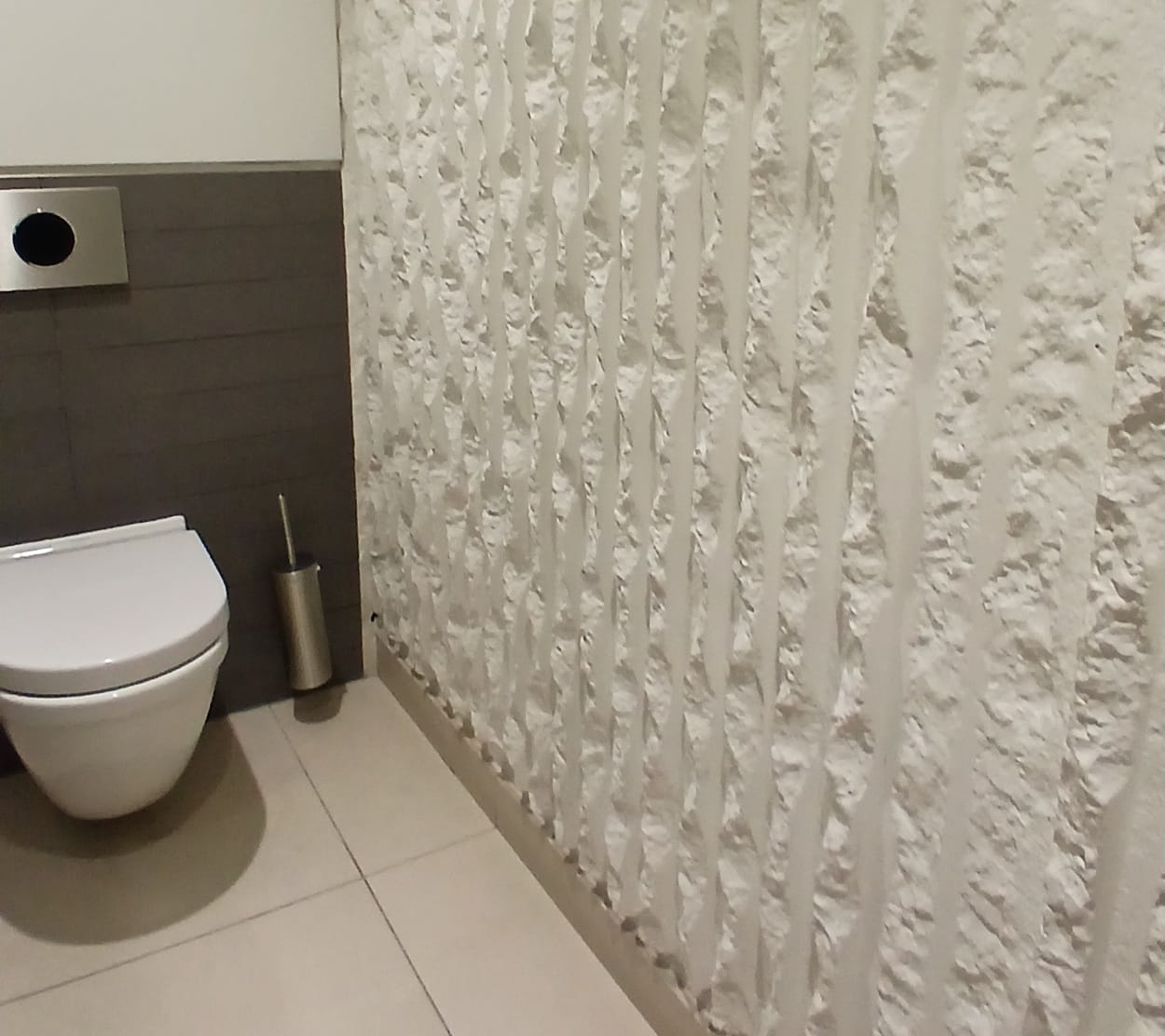picture of a modern toilet and a textured concrete wall