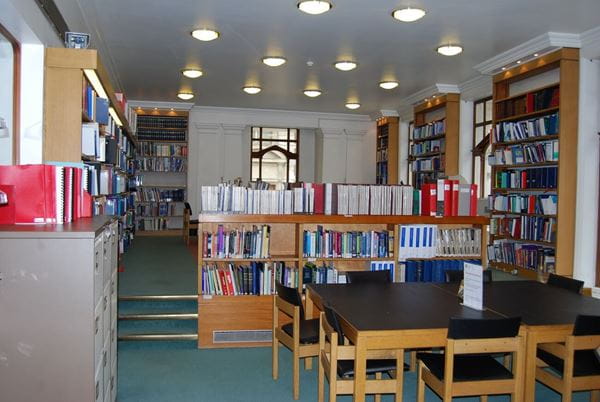 Book shelves and work desks in a library