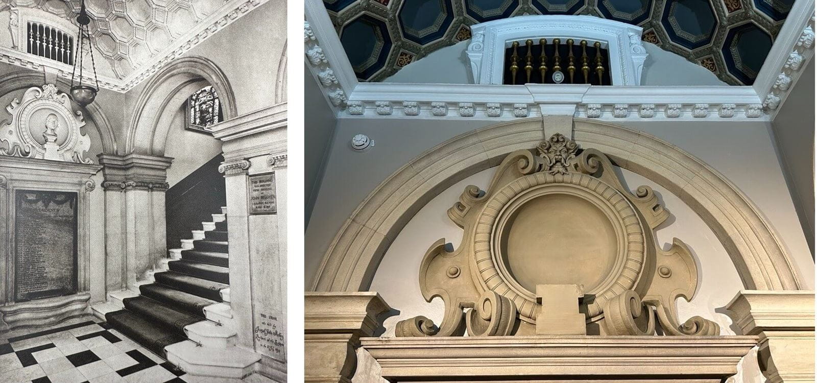 2 images of the same plinth above a plaque, one has a bust on it, the other is empty