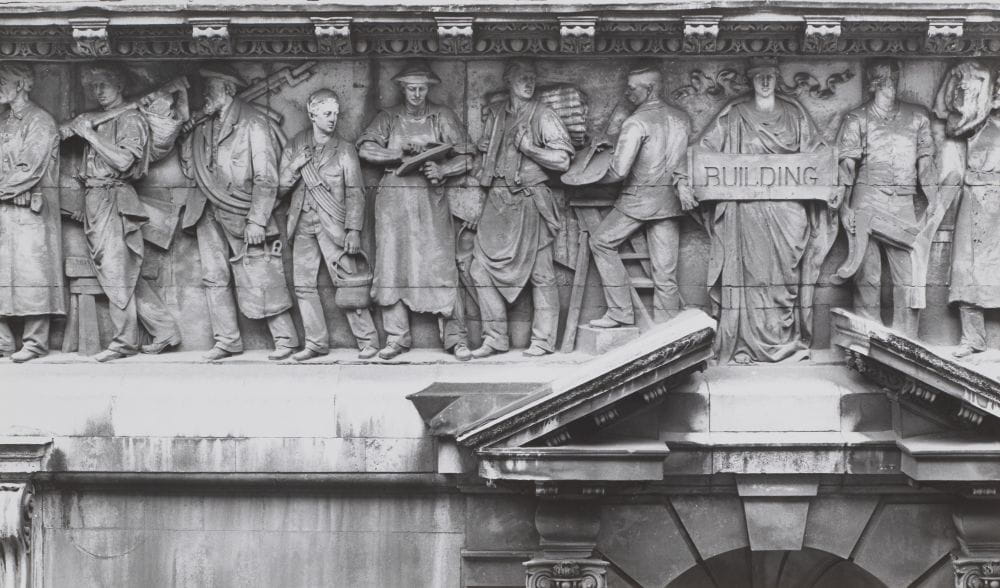 A section of the long ‘Building’ panel which forms part of Hamo Thornycroft's frieze on the exterior of Chartered Accountants’ Hall.