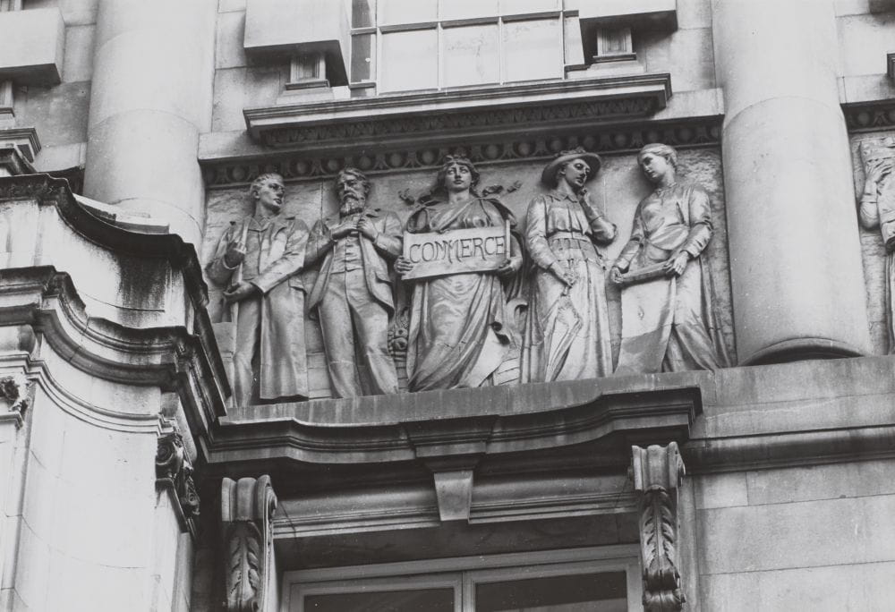 The 'Commerce' panel which forms part of Hamo Thornycroft's frieze on the exterior of Chartered Accountants’ Hall.