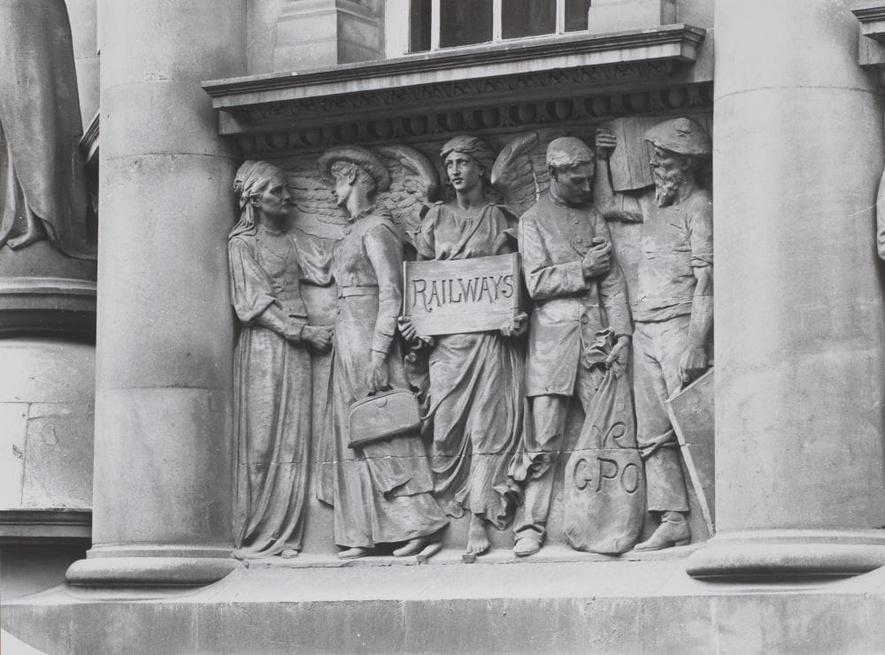 The 'Railways' panel which forms part of Hamo Thornycroft's frieze on the exterior of Chartered Accountants’ Hall.