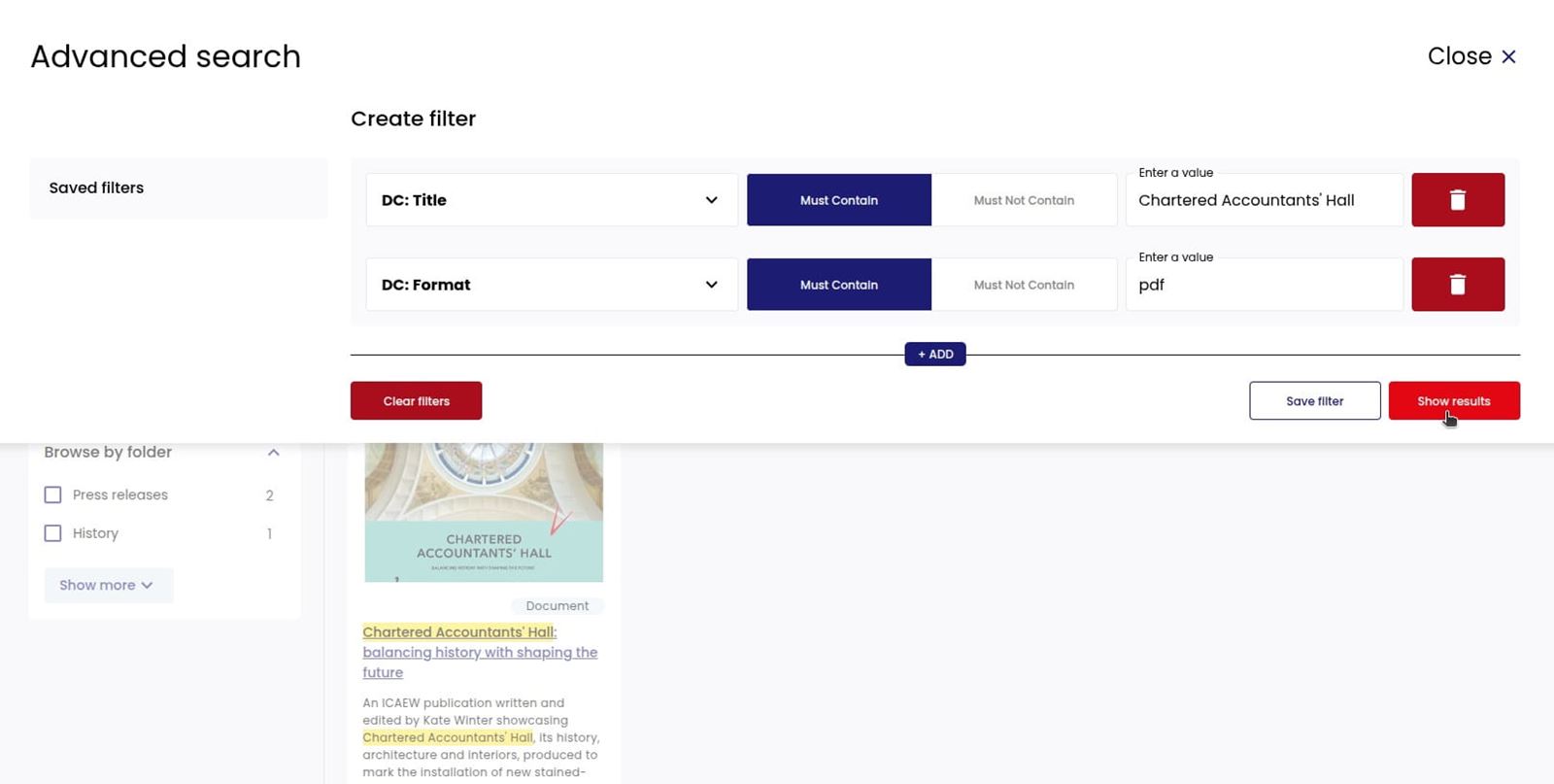 Advanced search: combining DC: Title and DC: Format filters to narrow results