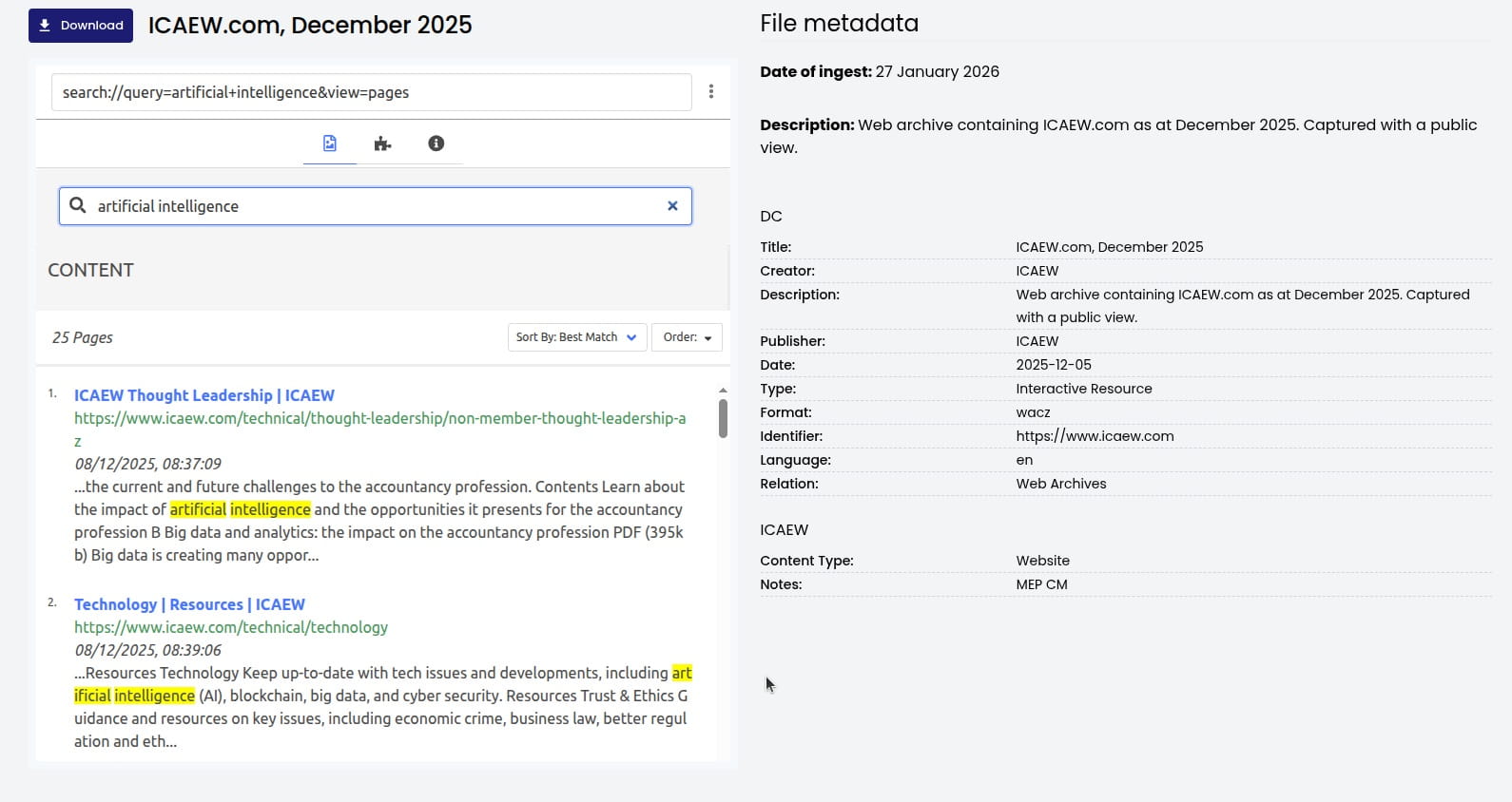 Free-text search within a web archive