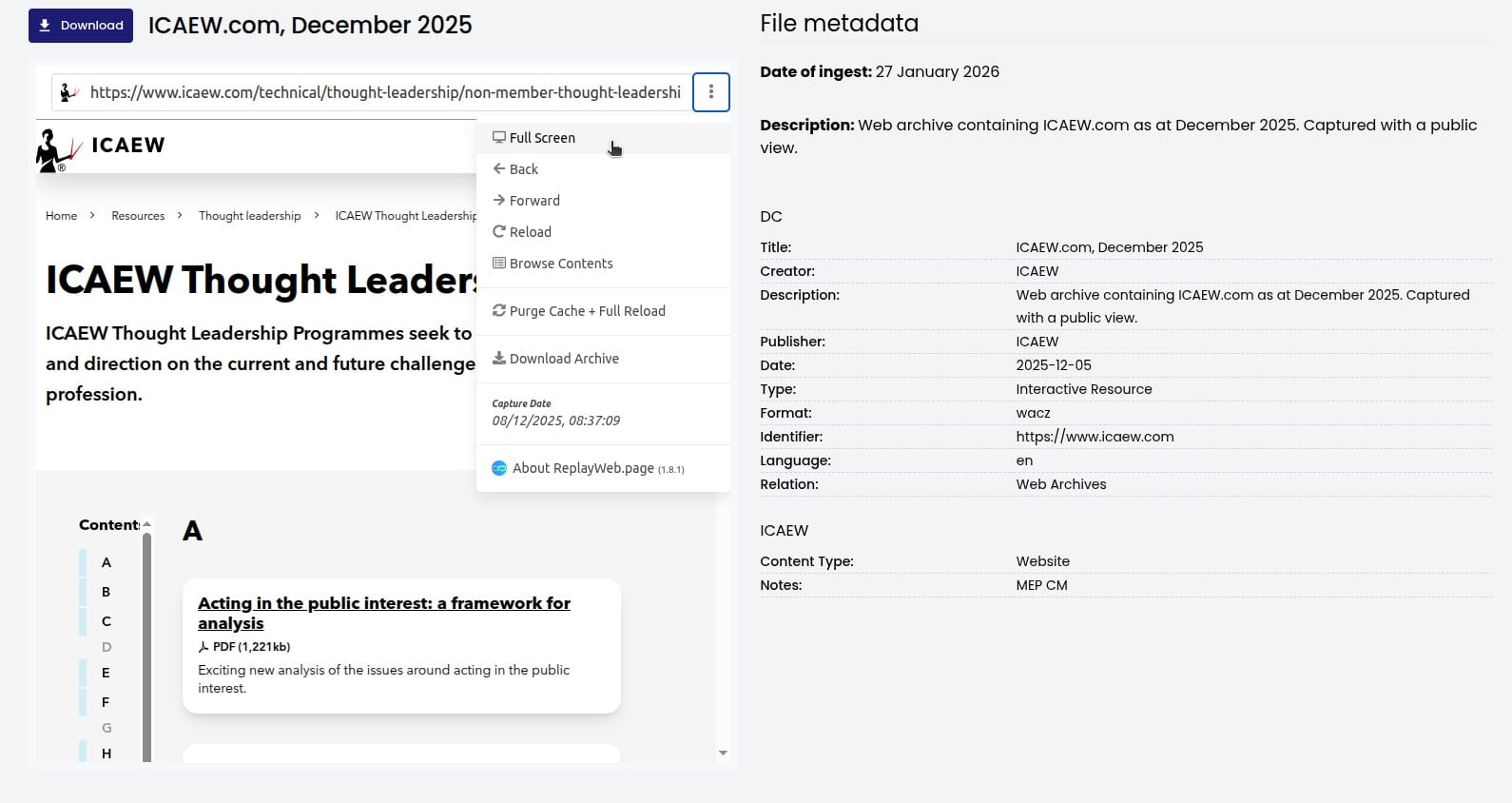 Full Screen option in dropdown menu