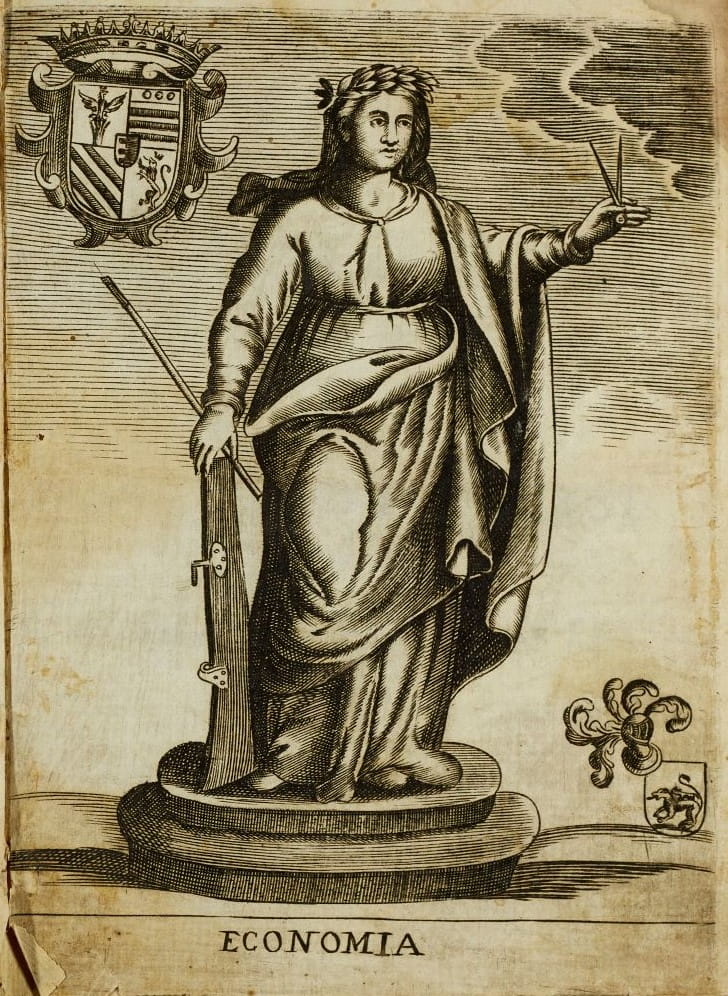 An illustration of Economia taken from 'Prattica Economica Numerale' by Onofrio Pugliesi (1671).