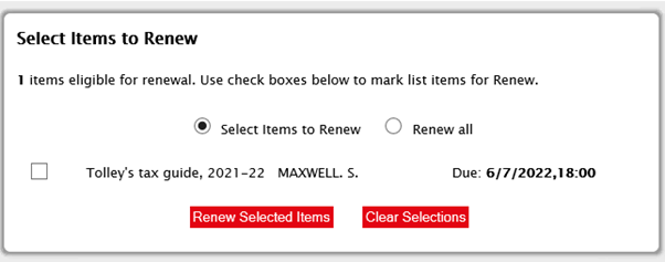 library book renewal selection screen