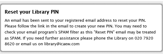 Message: An email has been sent to your registered email address to reset your PIN