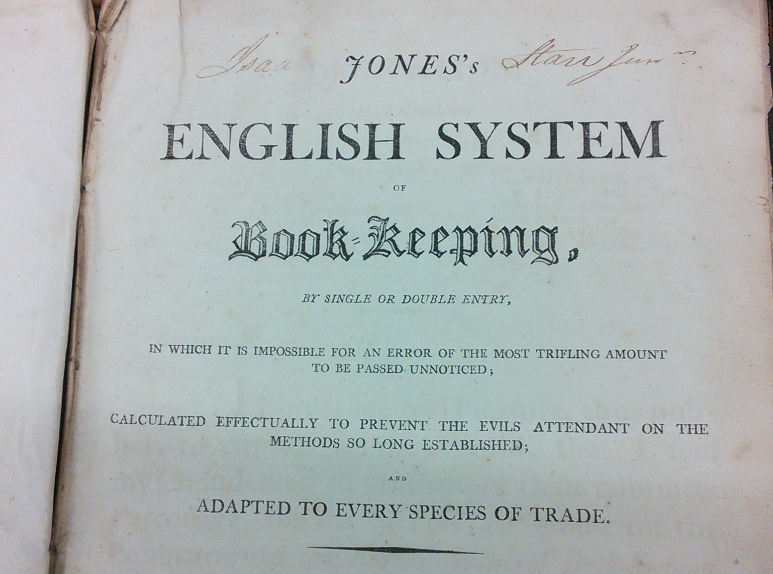 Photograph of the title page of an edition of Jones's English System of Book-keeping, published in 1796.