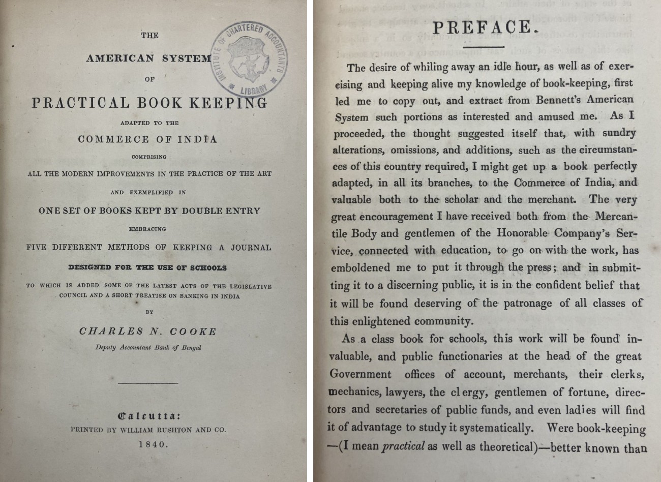 The title page and an extract from the preface to The American system of practical book keeping adapted to the commerce of India by Charles N. Cooke (1840).