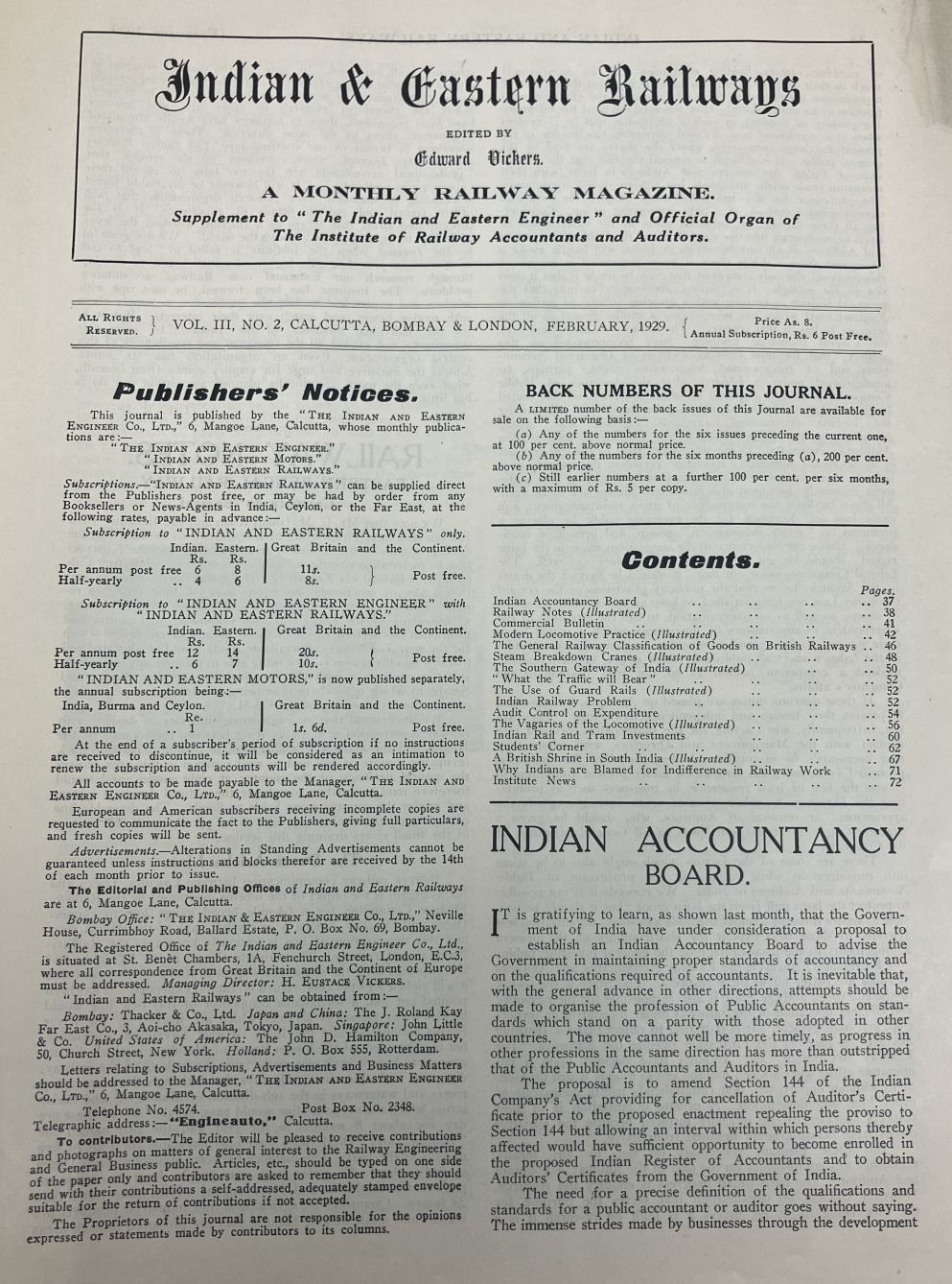 The front page of the February 1929 issue of Indian and Eastern Railways, which includes an article on the proposed creation of an Indian Accountancy Board.