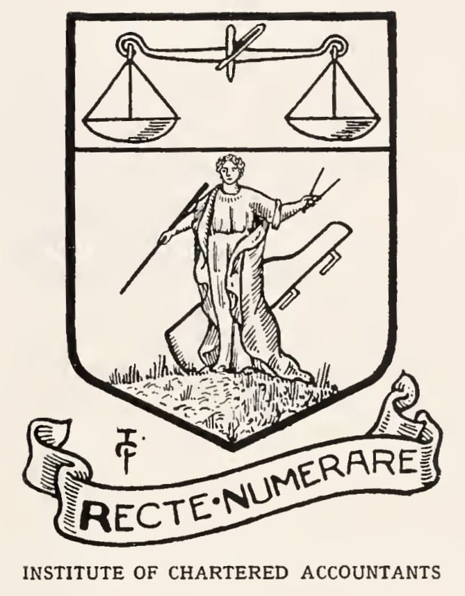 Coat of arms of the Institute of Chartered Accountants, as it appears in The Book of Public Arms, 1915