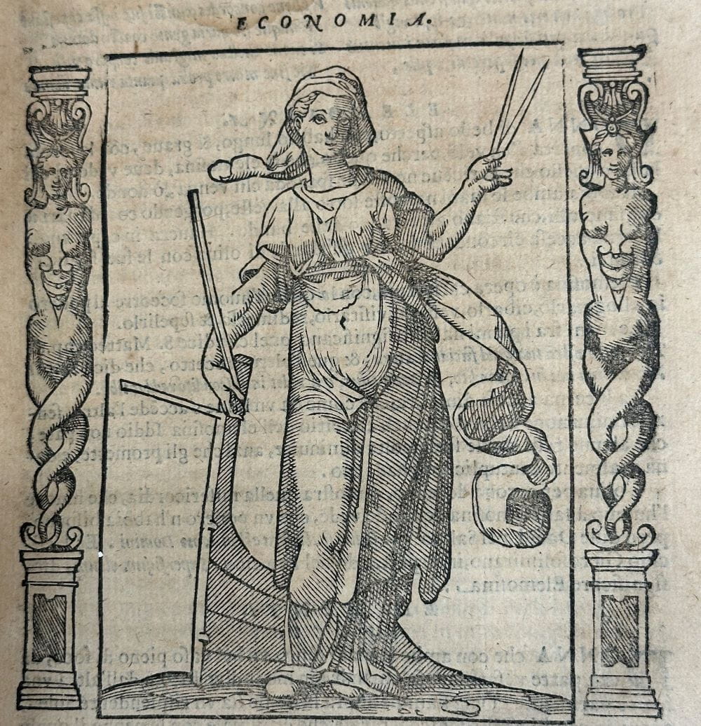 An illustration of Economia taken from 'Iconologia' by Cesare Ripa (1603).
