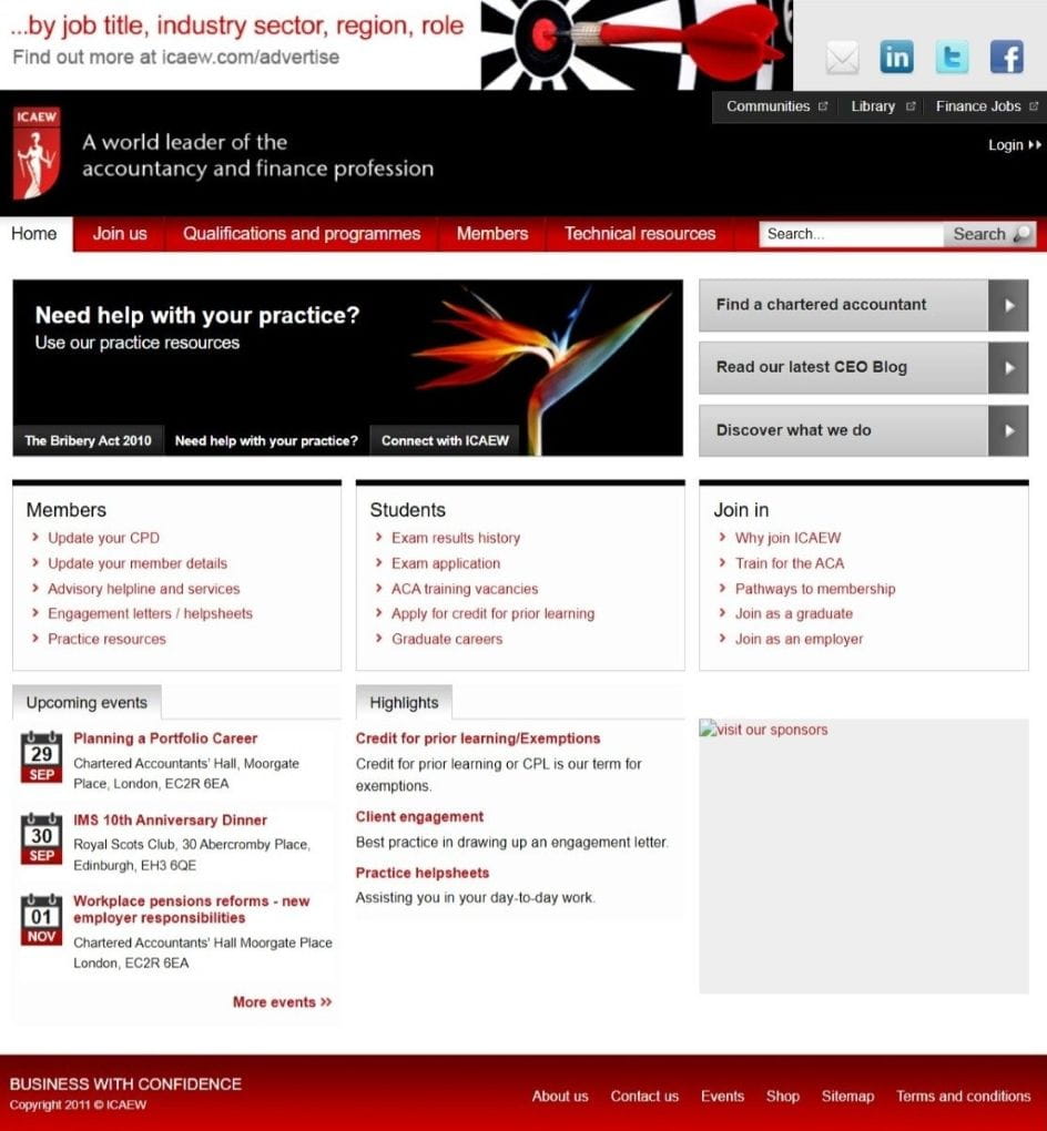 Screenshot of the icaew.com homepage in 2011.