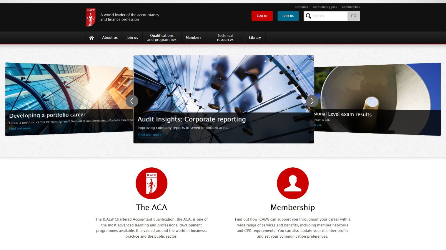 Screenshot of the icaew.com homepage in 2016.