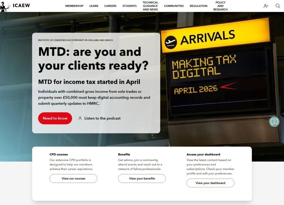 Screenshot of the icaew.com homepage in May 2026.