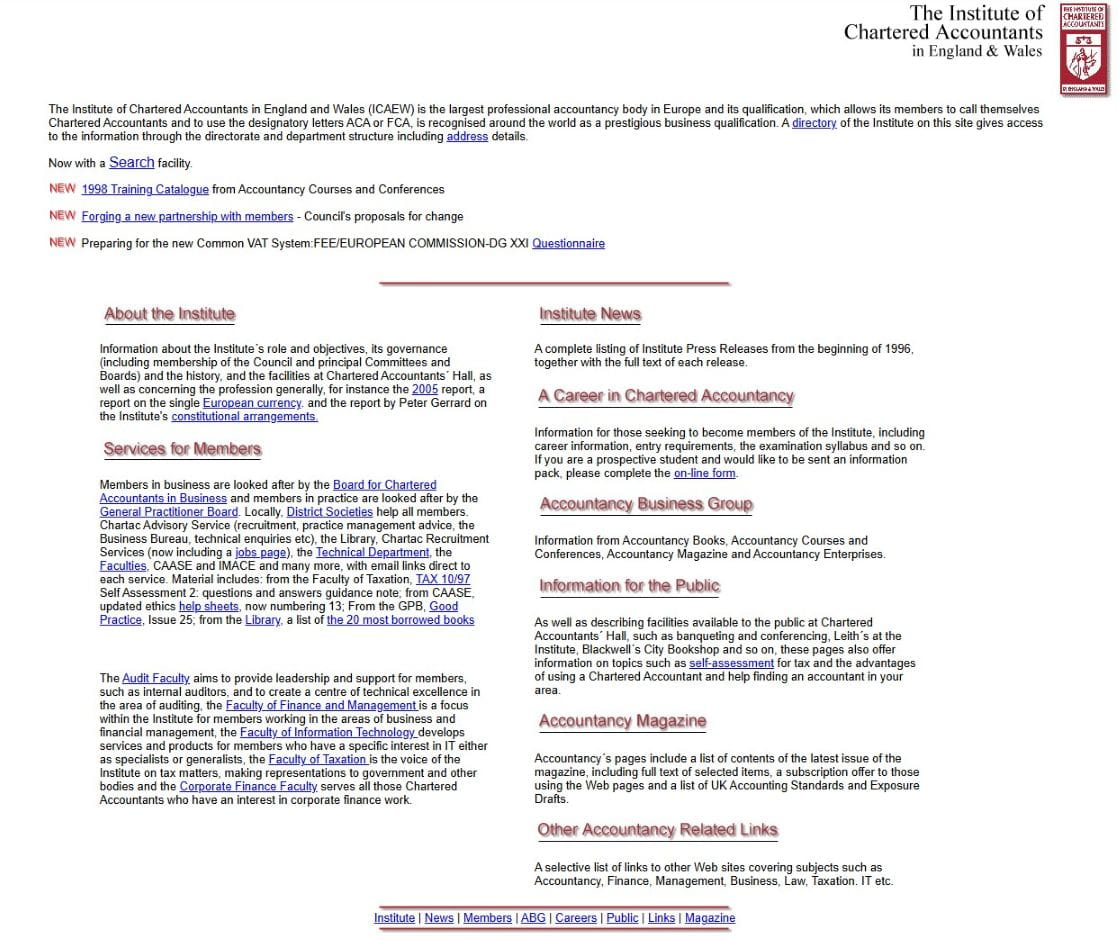 Screenshot of the icaew.co.uk homepage in 1997.