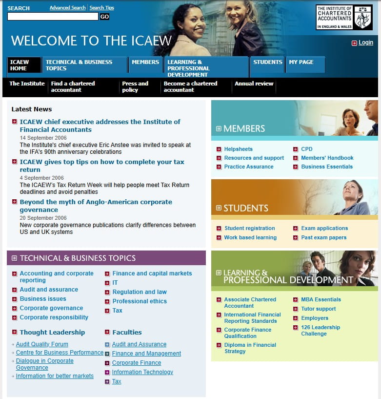 Screenshot of the icaew.co.uk homepage in 2006.
