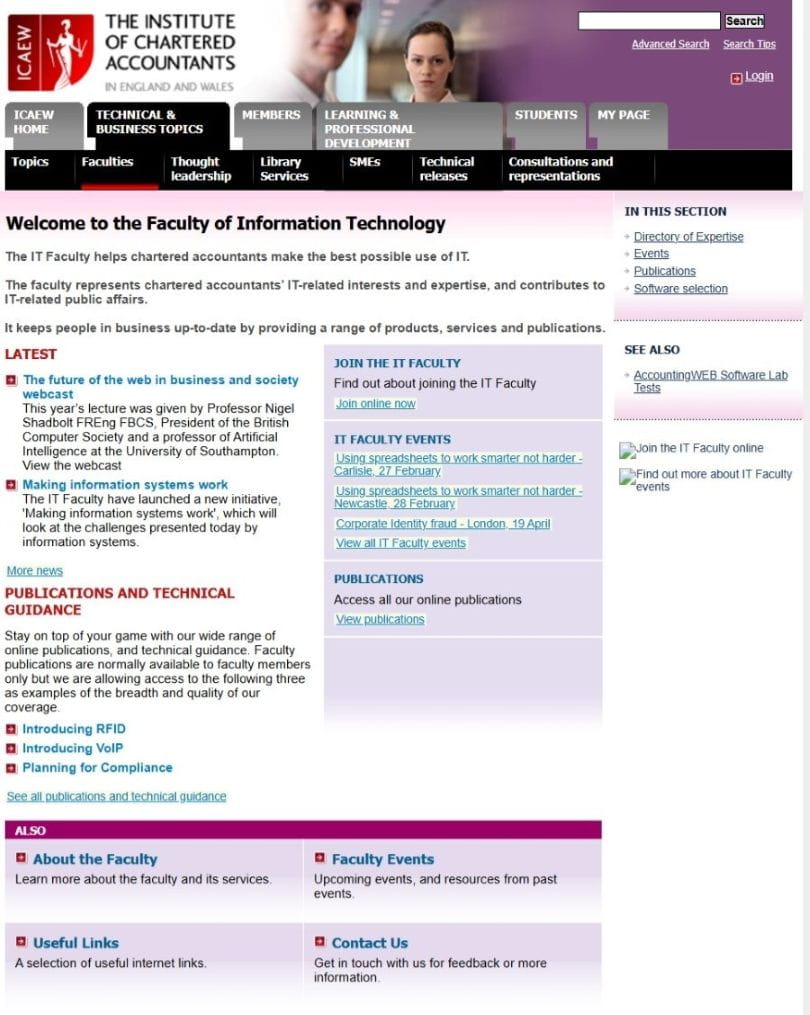 Screenshot of the IT Faculty landing page on icaew.co.uk in February 2007.