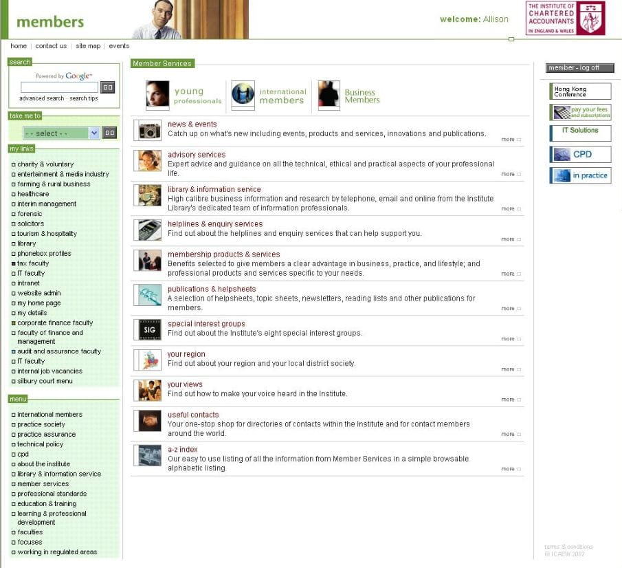 Screenshot of the Members landing page on icaew.co.uk in early 2006.