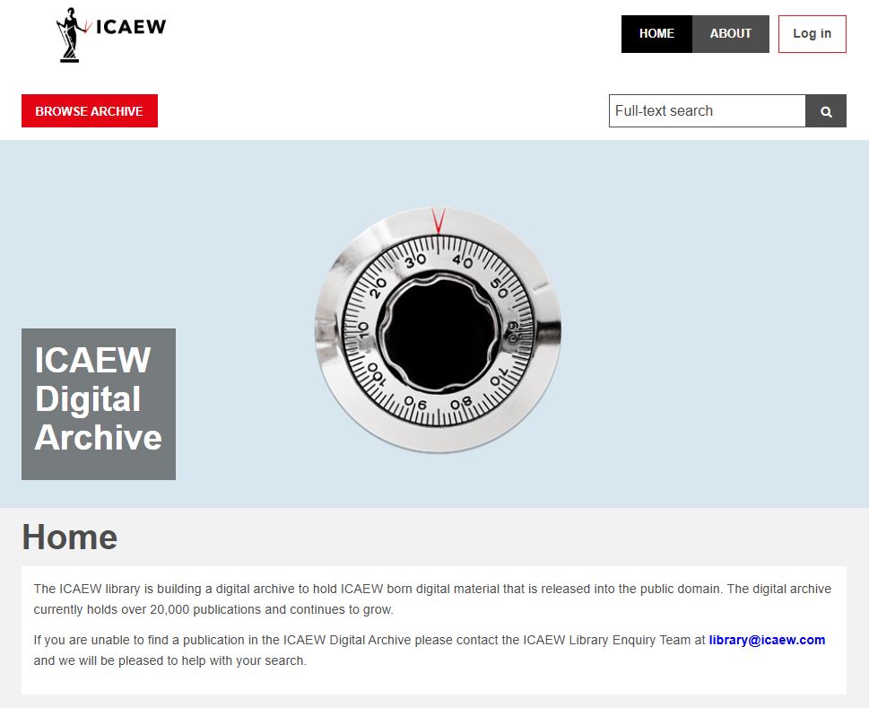 Screenshot of the homepage of ICAEW's Preservica digital archiving platform.