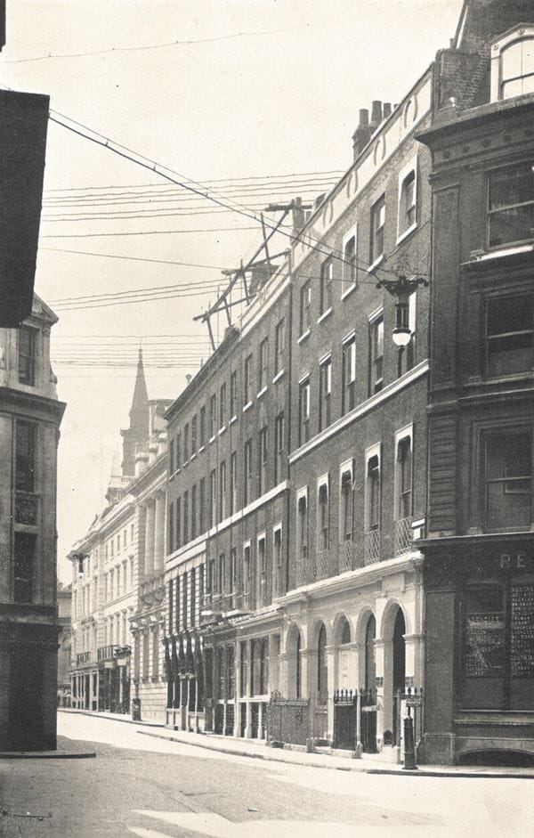 Black and white photograph of a City of London street