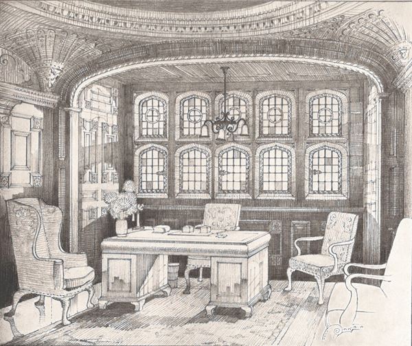 A black and white sketch of an ornate room with a desk and chairs and leaded windows
