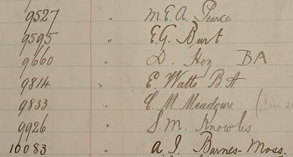 Photograph of a hand written nentry in aledger of womens names