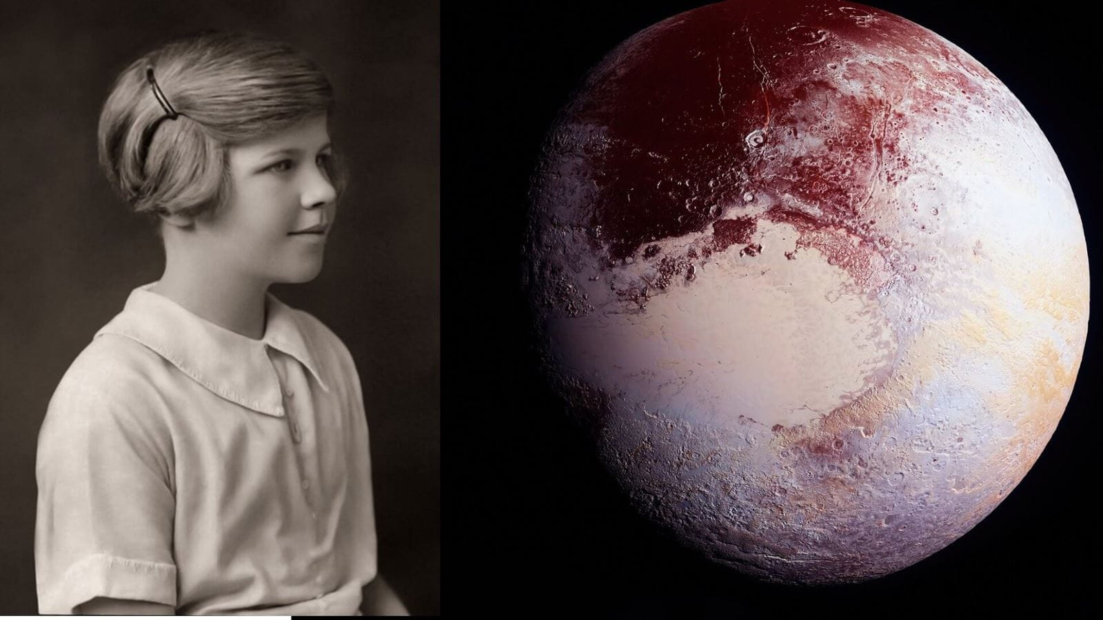 Vintage photograph of a girl looking right with a planet on the right hand of the photograph