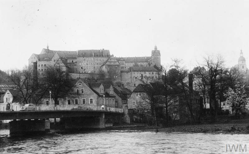 black and white vintage photo of a german castle, Colditz