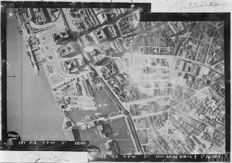 An aerial photograph of  world war 2 Liverpool showing bomb damage