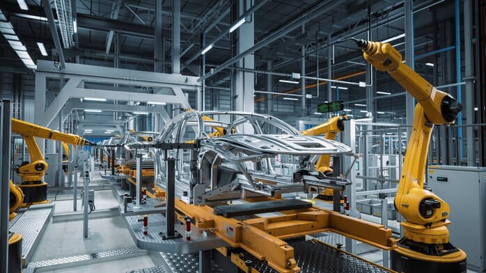 Robotic arms in a factory assembling a car frame on an automated production line
