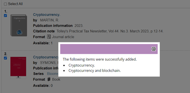 The Library catalogue results screen, showing items successfully added to a list.